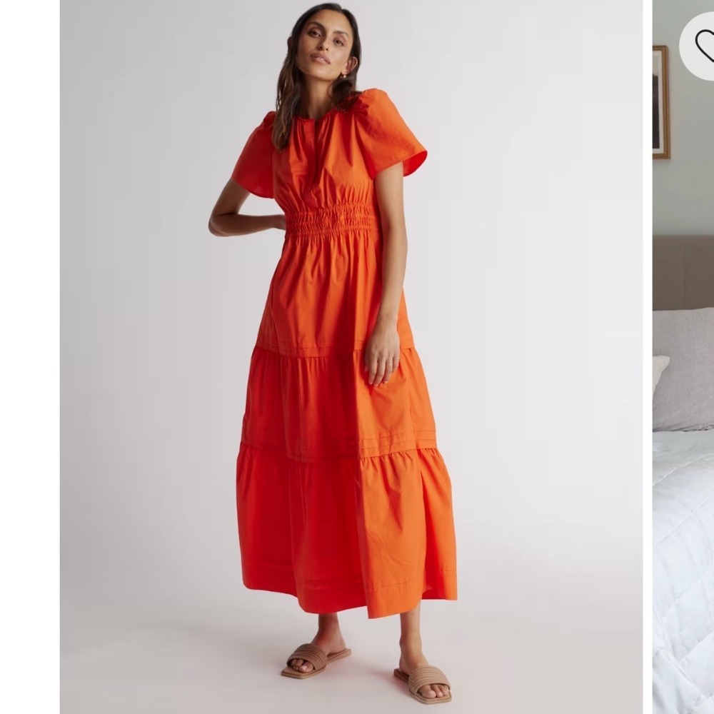 Quince Organic Cotton Poplin Tiered Maxi Dress Vermilion Red Smocked Waist Large